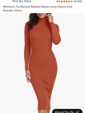 Ribbed Turtleneck Long Sleeve Knit Dress - Rust